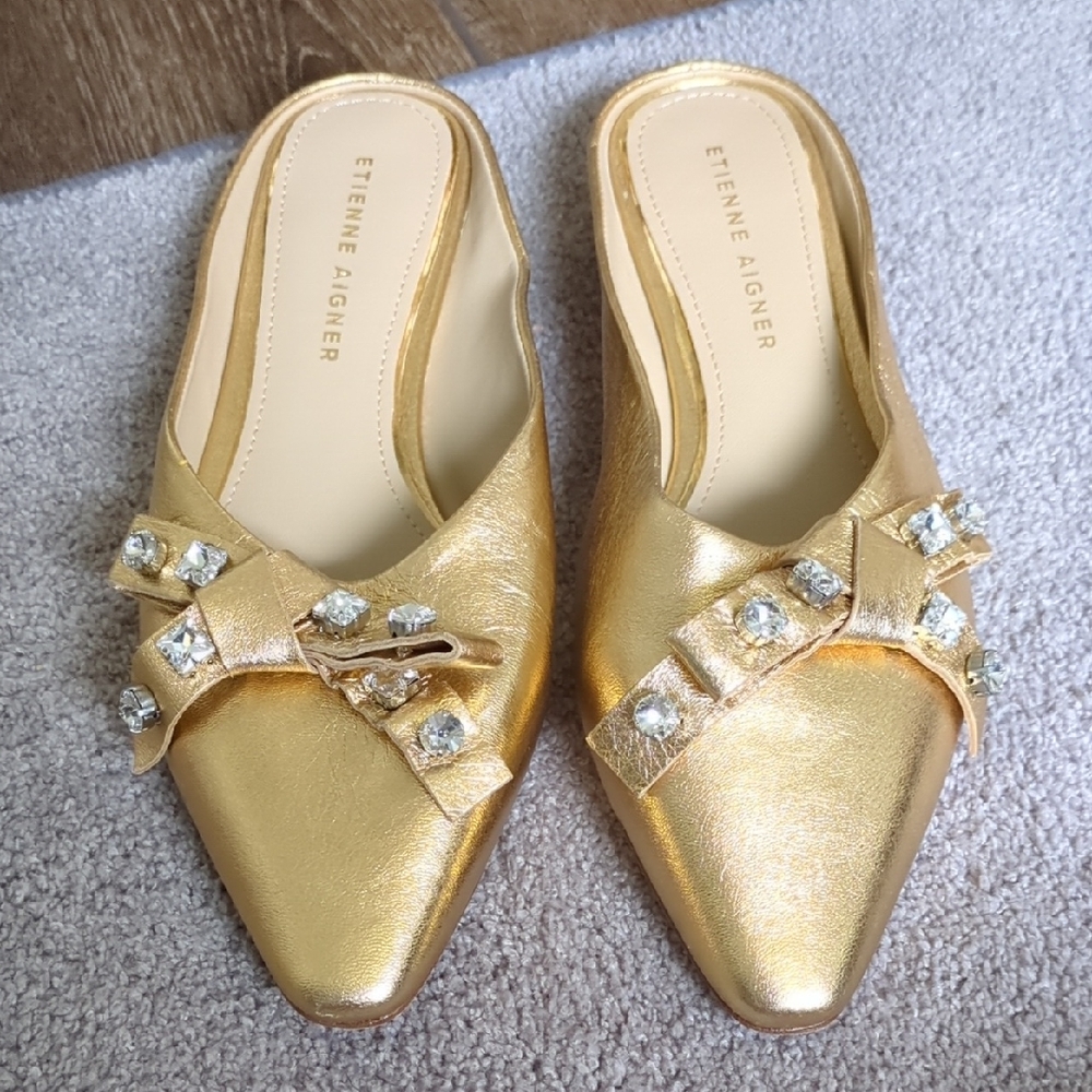 Etienne Aigner Metallic Gold Jeweled Pointed-Toe Mules